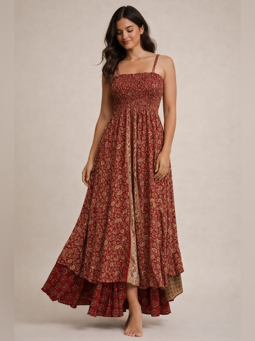 Boho Red Paisley Maxi Dress Smocked Bust Adjustable Straps Flowy Tiered India